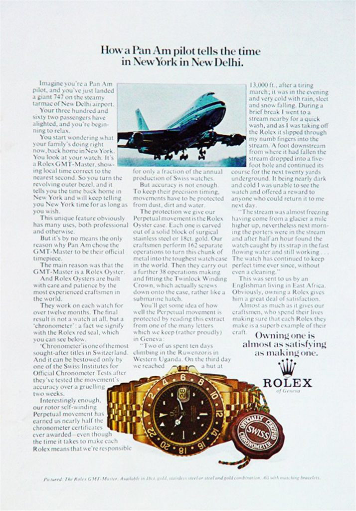 Một quảng cáo Rolex cổ điển cho GMT-Master có Bia gốc bằng vàng nguyên khối